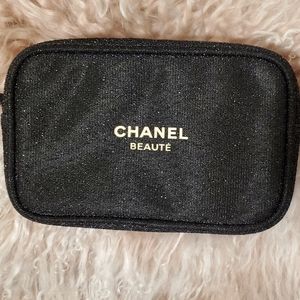 Chanel makeup bag with mascara samples and pocket